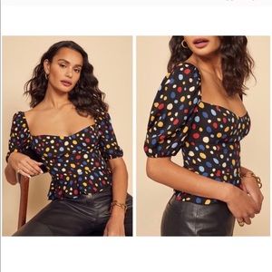 Reformation Aimee Polka Dot Puff Sleeve Peplum Top